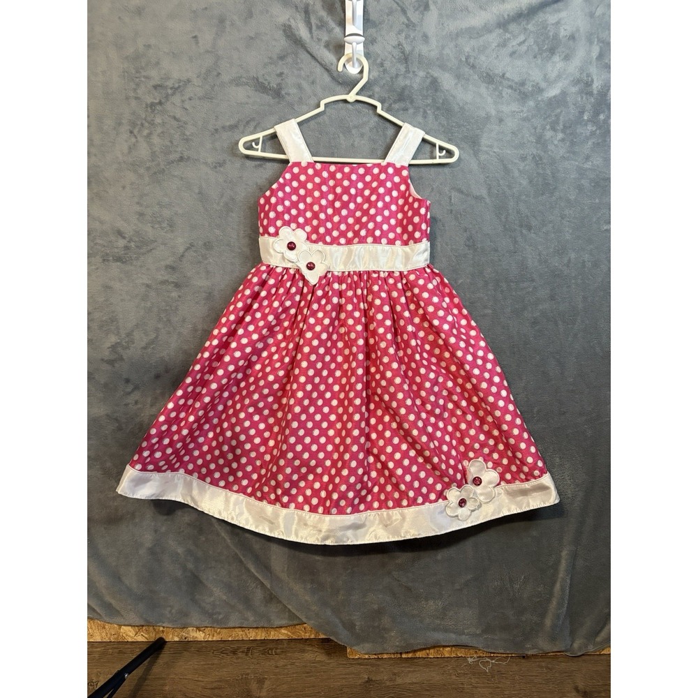 Youngland Girls Pink Polka Dot Sundress Size 6X Floral Applique Knee Length